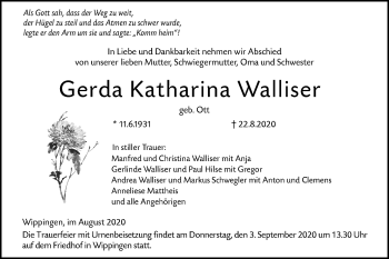 Traueranzeige von Gerda Katharina Walliser von SÜDWEST PRESSE Ausgabe Ulm/Neu-Ulm