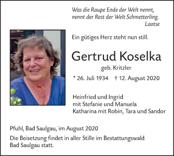 Traueranzeige von Gertrud Koselka von SÜDWEST PRESSE Ausgabe Ulm/Neu-Ulm