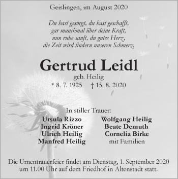 Traueranzeige von Gertrud Leidl von Geislinger Zeitung