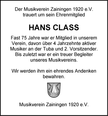 Traueranzeige von Hans Class von Alb-Bote/Metzinger-Uracher Volksblatt