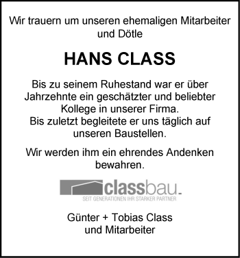 Traueranzeige von Hans Class von Metzinger-Uracher Volksblatt