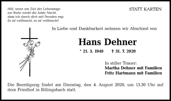 Traueranzeige von Hans Dehner von Hohenloher Tagblatt