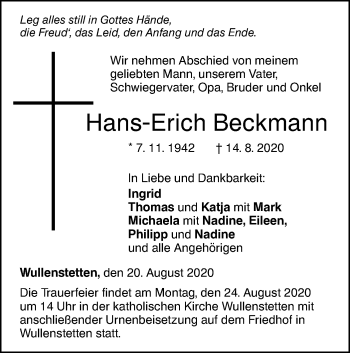 Traueranzeige von Hans-Erich Beckmann von SÜDWEST PRESSE Ausgabe Ulm/Neu-Ulm