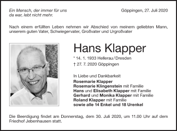 Traueranzeige von Hans Klapper von NWZ Neue Württembergische Zeitung