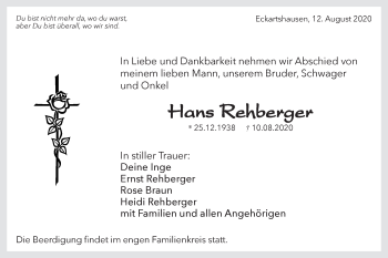 Traueranzeige von Hans Rehberger von Haller Tagblatt