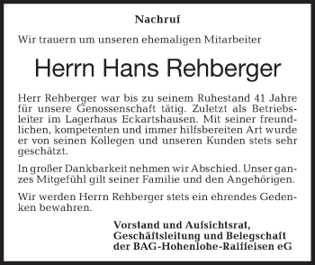 Traueranzeige von Hans Rehberger von Haller Tagblatt