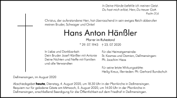 Traueranzeige von Hans Anton Hänßler von SÜDWEST PRESSE Ausgabe Ulm/Neu-Ulm