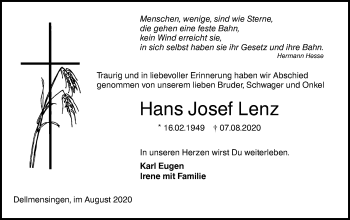 Traueranzeige von Hans Josef Lenz von SÜDWEST PRESSE Ausgabe Ulm/Neu-Ulm