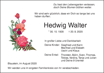 Traueranzeige von Hedwig Walter von SÜDWEST PRESSE Ausgabe Ulm/Neu-Ulm