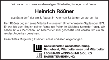 Traueranzeige von Heinrich Rößner von Hohenloher Tagblatt