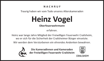 Traueranzeige von Heinz Vogel von Hohenloher Tagblatt