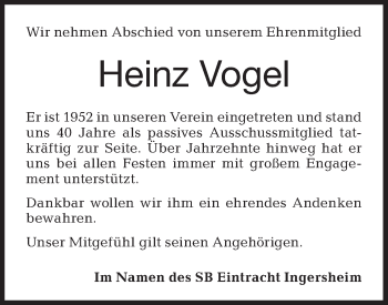 Traueranzeige von Heinz Vogel von Hohenloher Tagblatt