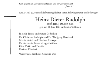 Traueranzeige von Heinz Dieter Rudolph von SÜDWEST PRESSE Ausgabe Ulm/Neu-Ulm