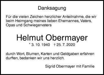 Traueranzeige von Helmut Obermayer von SÜDWEST PRESSE Ausgabe Ulm/Neu-Ulm