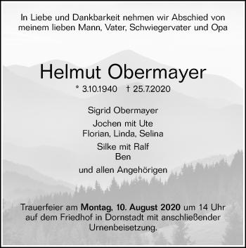 Traueranzeige von Helmut Obermayer von SÜDWEST PRESSE Ausgabe Ulm/Neu-Ulm