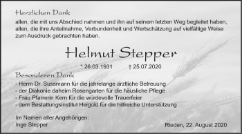 Traueranzeige von Helmut Stepper von Haller Tagblatt