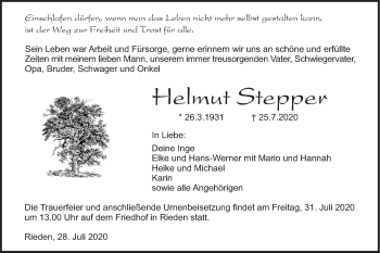 Traueranzeige von Helmut Stepper von Haller Tagblatt