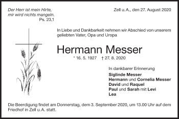 Traueranzeige von Hermann Messer von NWZ Neue Württembergische Zeitung