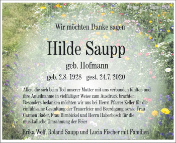 Traueranzeige von Hilde Saupp von Alb-Bote/Metzinger-Uracher Volksblatt