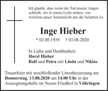 Traueranzeige von Inge Hieber von SÜDWEST PRESSE Ausgabe Ulm/Neu-Ulm