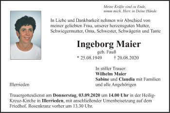 Traueranzeige von Ingeborg Maier von SÜDWEST PRESSE Ausgabe Ulm/Neu-Ulm