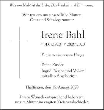 Traueranzeige von Irene Bahl von SÜDWEST PRESSE Ausgabe Ulm/Neu-Ulm