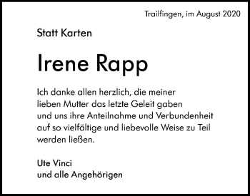 Traueranzeige von Irene Rapp von Alb-Bote/Metzinger-Uracher Volksblatt