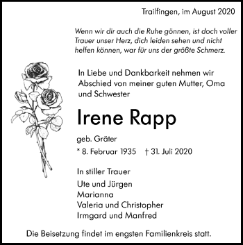 Traueranzeige von Irene Rapp von Alb-Bote/Metzinger-Uracher Volksblatt