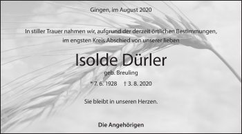 Traueranzeige von Isolde Dürler von Geislinger Zeitung