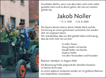 Traueranzeige von Jakob Noller von SÜDWEST PRESSE Ausgabe Ulm/Neu-Ulm