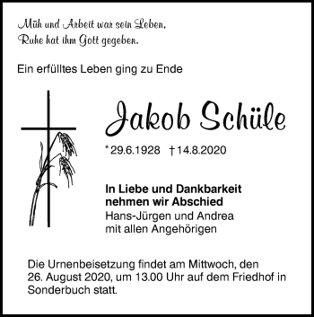 Traueranzeige von Jakob Schüle von SÜDWEST PRESSE