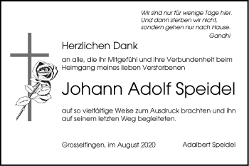 Traueranzeige von Johann Adolf Speidel von Hohenzollerische Zeitung