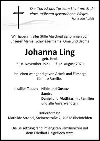 Traueranzeige von Johanna Ling von Hohenzollerische Zeitung