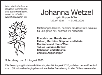 Traueranzeige von Johanna Wetzel von Hohenloher Tagblatt