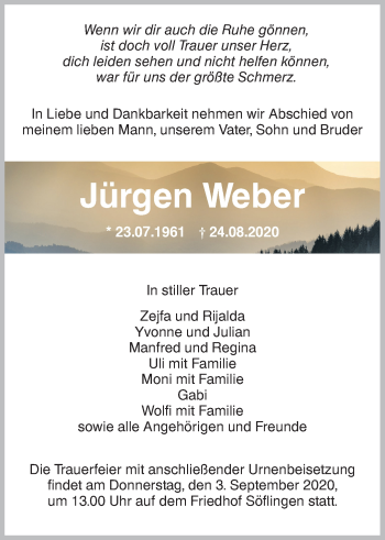 Traueranzeige von Jürgen Weber von SÜDWEST PRESSE Ausgabe Ulm/Neu-Ulm