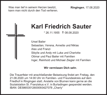 Traueranzeige von Karl Friedrich Sauter von Hohenzollerische Zeitung