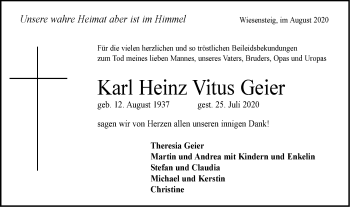 Traueranzeige von Karl Heinz Vitus Geier von Geislinger Zeitung