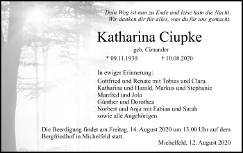 Traueranzeige von Katharina Ciupke von Haller Tagblatt