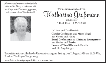 Traueranzeige von Katharina Großmann von Geislinger Zeitung