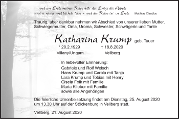 Traueranzeige von Katharina Krump von Haller Tagblatt