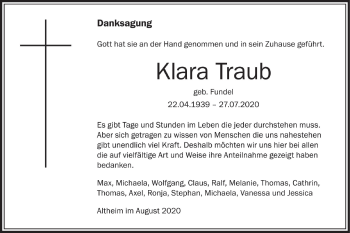 Traueranzeige von Klara Traub von Ehinger Tagblatt
