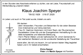 Traueranzeige von Klaus Joachim Speyer von SÜDWEST PRESSE Ausgabe Ulm/Neu-Ulm