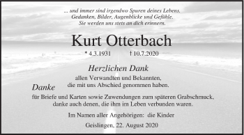 Traueranzeige von Kurt Otterbach von Haller Tagblatt