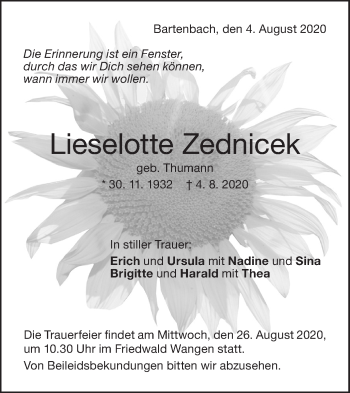 Traueranzeige von Lieselotte Zednicek von NWZ Neue Württembergische Zeitung