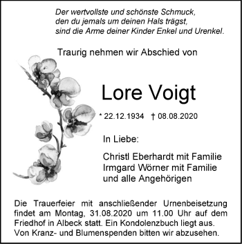 Traueranzeige von Lore Voigt von SÜDWEST PRESSE Ausgabe Ulm/Neu-Ulm