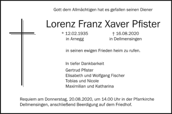 Traueranzeige von Lorenz Franz Xaver Pfister von SÜDWEST PRESSE Ausgabe Ulm/Neu-Ulm