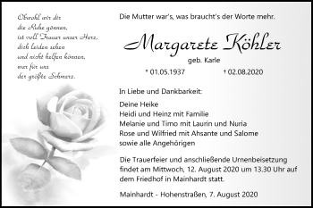 Traueranzeige von Margarete Köhler von Haller Tagblatt