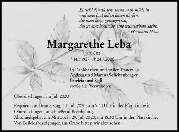 Traueranzeige von Margarethe Leba von Ehinger Tagblatt