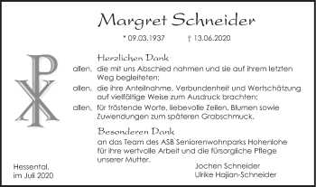 Traueranzeige von Margret Schneider von Haller Tagblatt