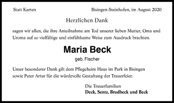 Traueranzeige von Maria Beck von Hohenzollerische Zeitung